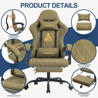 Gaming-Stuhl der ANDYOU-Serie mit Fußstütze – Ergonomischer Computerstuhl aus PU-Leder, GRÜN