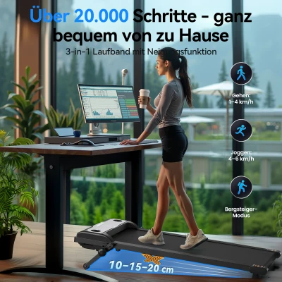 Walking Pad mit 3-stufiger Neigung, robuster Metallrahmen mit mehrschichtigem Stoßdämpfungssystem, 110x50x14 cm, Schwarz