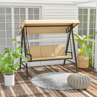 Outsunny Balancín de Jardín de 3 Plazas Columpio Exterior Jardín con Toldo Ajustable Cojines Extraíbles 200x125x175 cm Beige