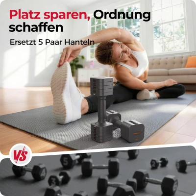5‑in‑1 verstellbares Kurzhantelset (2 Stück), Dual‑Lock, weicher TPU‑Griff, 29.5x24.5x13 cm, Grau