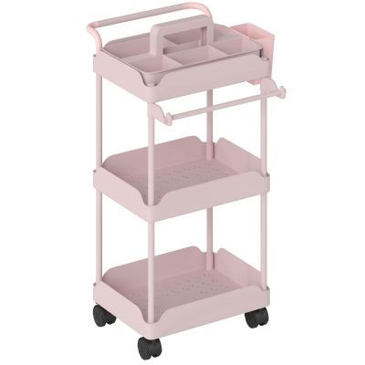 HOMCOM Carrito Auxiliar con Ruedas de 3 Niveles Carrito de Cocina con Cestas Extraíbles y Soporte para Toallas Rosa
