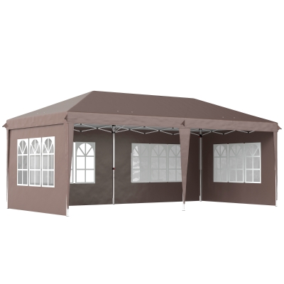 Outsunny Carpa Plegable 6x3 m Pop-up con 4 Laterales Desmontables Cenador de Jardín con 4 Ventanas y Bolsa de Transporte Café