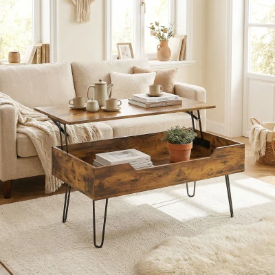 HOMCOM Mesa de Centro con Tapa Elevable Compartimento Oculto Patas de Acero 95x50x40 cm Marrón Rústico