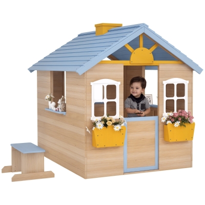 Outsunny Wooden Playhouse w/ Bench & Door, Blue