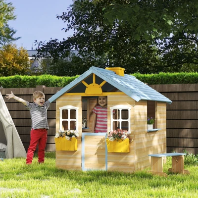 Outsunny Wooden Playhouse w/ Bench & Door, Blue