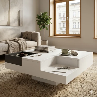 Couchtisch Hochglanz, Beistelltisch mit abnehmbarer Aufbewahrungsbox und LED-Lichteffekt, 72×72×30 cm, Weiß