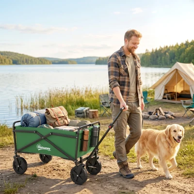 Outsunny Carro Plegable Carretilla de Transporte con Mango Ajustable Rueda Universal Freno para Playa Jardín Camping Marco Acero Carga 40 kg 83x50x69-99 cm