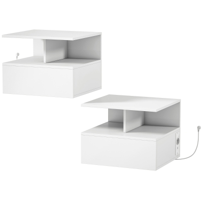 HOMCOM Tables de Chevet Murales Lot de 2 Blanc Tiroir Étagère