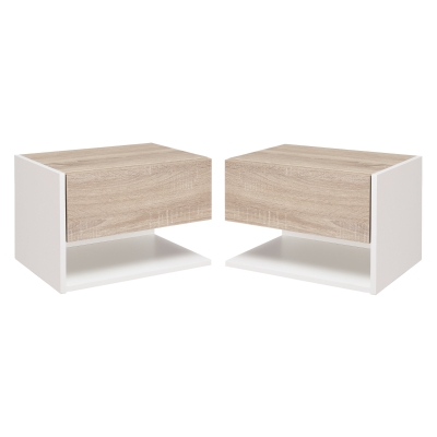 HOMCOM Juego de 2 Mesitas de Noche Flotantes Mesitas de Noche Colgantes con 1 Cajón y Estante Abierto 46x30x30cm Roble y Blanco