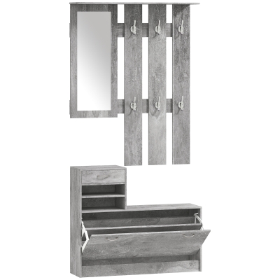 HOMCOM Recibidor de Entrada con Espejo Perchero y Zapatero Mueble de Recibidor de 2 Piezas con 6 Ganchos Estantes y Cajón Abatible para Pasillo Gris