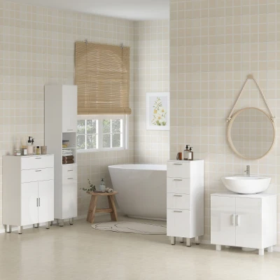 kleankin Mueble Auxiliar Baño Moderno Armario de Baño con 1 Cajón 3 Estantes Ajustables y 2 Armarios 30x30x180cm Blanco Brillante