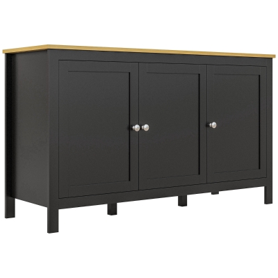 HOMCOM Buffet Noir 3 Portes 2 Étagères Réglables Bois Clair
