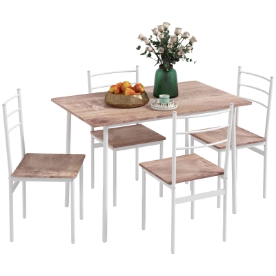 HOMCOM Conjunto de Comedor 5 Piezas Juego de 1 Mesa y 4 Sillas con Pies Acero para Cocina 110x70x75 cm Madera Natural y Blanco