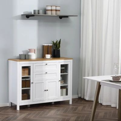 HOMCOM Aparador de Cocina con Armario 2 Cajones 2 Puertas de Vidrio y Estantes Ajustables Muebles Auxiliar de Almacenaje para Comedor Salón 120x40x90 cm Blanco