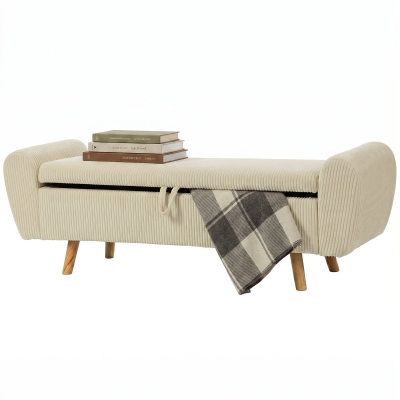 HOMCOM Banc Rangement 73L Velours Beige avec Accoudoirs Bois
