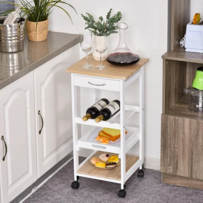 HOMCOM Carrito de Cocina Carro de Servicio Multifuncional de 4 Niveles con Ruedas Cajón Estantes y Botellero 37x37x76 cm Blanco