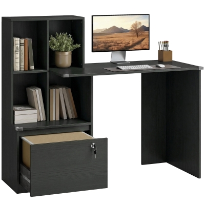 HOMCOM Bureau Bibliothèque 4 Compartiments Tiroir Verrouillable Noir