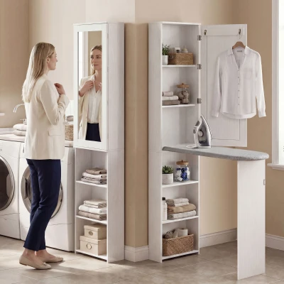 HOMCOM Faltbar Bügelbrettschrank mit Tür internen Regalen Spiegel Platzsparend Bügeltisch für Wäschepflege 106x35x174 cm Weiß