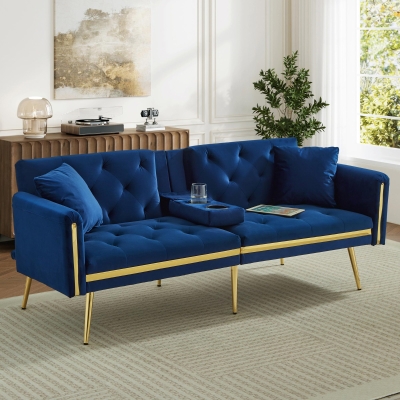 Two-Seater Convertible Sofa Bed with 3-Level Adjustable Backrest, 174L x 76W x 71.5H cm, Blue