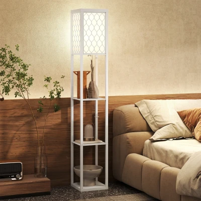 Lampă de Podea 2 în 1 cu 3 Rafturi, 26x26x160 cm Alb