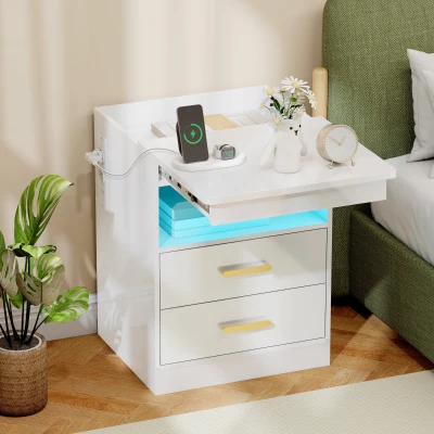 HOMCOM Nachttisch, Beistelltisch mit Ladestation und RGB-LED-Beleuchtung, Hochglanz Weiß