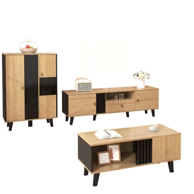 3-Piece Living Room Furniture Set with Water-Resistant Surfaces, 170L x 40W x 50.5H cm, Black+Wood