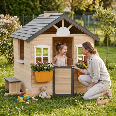 Outsunny Wooden Playhouse for Kids 3-7 Years