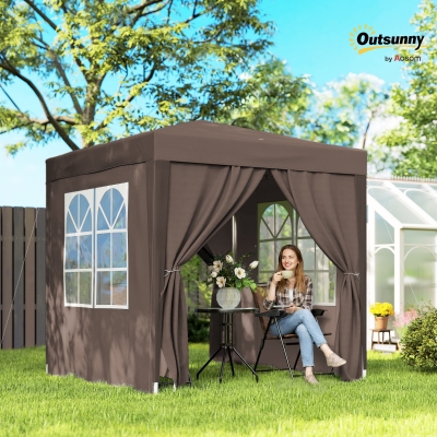 Outsunny 2 x 2 m Garden Pop Up Gazebo, Wedding Party Tent Marquee, Water Resistant Awning Canopy with Sidewalls, Windows, Carry Bag, Coffee
