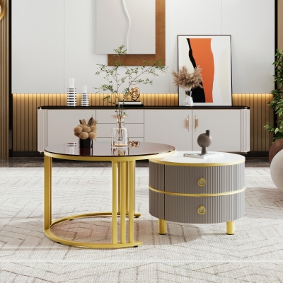 2-In-1 Round Coffee Table Set with High-Gloss Top and Tempered Glass, 70L x 70W x 45H cm, Grey+Brown