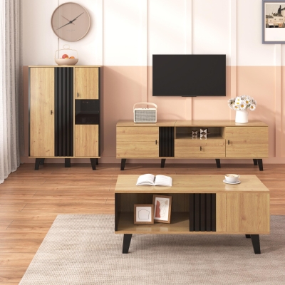 3-Piece Living Room Furniture Set with Water-Resistant Surfaces, 170L x 40W x 50.5H cm, Black+Wood