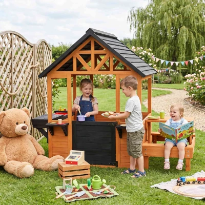 AIYAPLAY Wooden Kids Playhouse with Table & Benches Brown