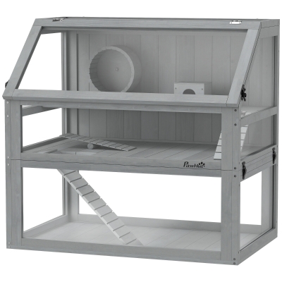 PawHut Cage Hamster Bois 3 Étages 80x50x76cm Gris Clair