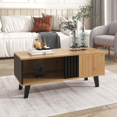 Stylish Coffee Table with Practical Storage and Wood‑Coloured Surface, 100L x 60W x 45H cm, Black+Wood