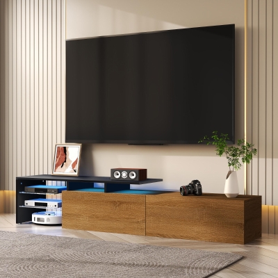 Modern TV Cabinet with Triple-Layer Glass Shelves, 170L x 33W x 33.5H cm, Black+Natural+Wood