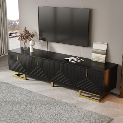 TV Cabinet with Textured Doors Metallic Handles and Sturdy Metal Legs, 160L x 38W x 44.5H cm, Black