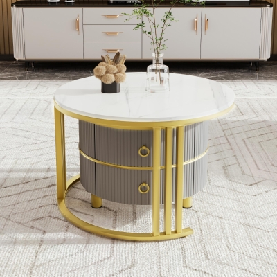 2-In-1 Round Coffee Table Set with High-Gloss Tops, 70L x 70W x 46H cm, White+Gray