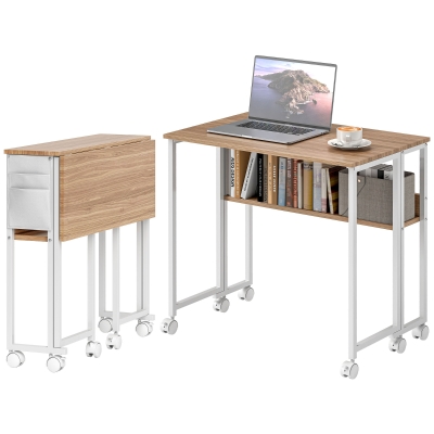 HOMCOM Bureau Pliable Bois Naturel Table d’Appoint Étagère