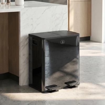 HOMCOM 2 x 20L Dubbele Prullenbak, Pedaalbediening, Gemakkelijk Schoon te Maken, Roestvrij Staal, Kunststof, Zwart