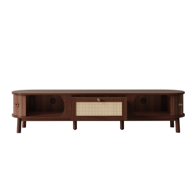 Walnut TV Cabinet with Solid Wood Doors and Handwoven Rattan Drawers, 170L x 39.5W x 38H cm, Walnut