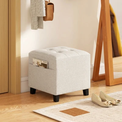 HOMCOM Small Ottoman, Square Footstool with Side Pocket, Rubber Wood Legs and Padded Seat for Living Room, Beige