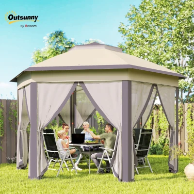 Outsunny Hexagon Garden Gazebo - Pop Up Outdoor Patio Double Roof Instant Shelter with Netting, 3 x 4m, Beige