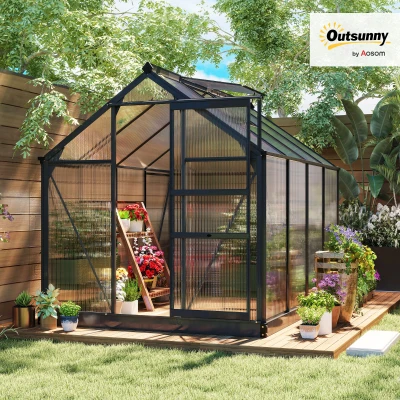 Outsunny 6 x 8ft Polycarbonate Greenhouse, Large Walk-In Green House with Slide Door and Window, Garden Plants Grow House with Aluminium Frame and Foundation, Grey