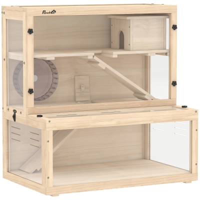 PawHut Wooden Hamster Cage with Hut, Wheel, Ramps, Removable Viewing Panels, 80 x 50 x 84 cm, Natural