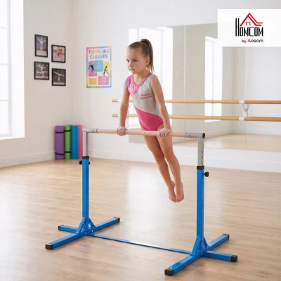 HOMCOM Height Adjustable Gymnastics Horizontal Bar For Kids Home Gym Training Children Junior Kip High Bar Fitness Blue
