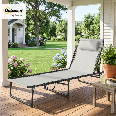 Outsunny Foldable Sun Lounger, Outdoor 4 Level Adjustable Backrest Reclining Chaise Chair, Steel Frame Recliner Chair for Camping, Hiking, Cream White