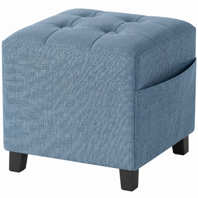 HOMCOM Small Ottoman, Square Footstool with Side Pocket, Rubber Wood Legs and Padded Seat for Living Room, Dark Blue