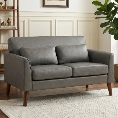 HOMCOM 2 Seater Sofa, 132 cm Modern Small Sofa with Solid Wood Legs and 2 Pillows for Small Space, Grey