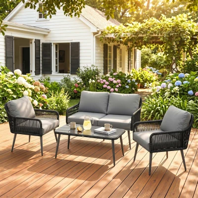 Outsunny Rattan 4-Piece Furniture Set with Glass Table