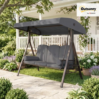 Outsunny 3 Seat Garden Swing Chair Steel Swing Bench w/ Cushions Cup Trays