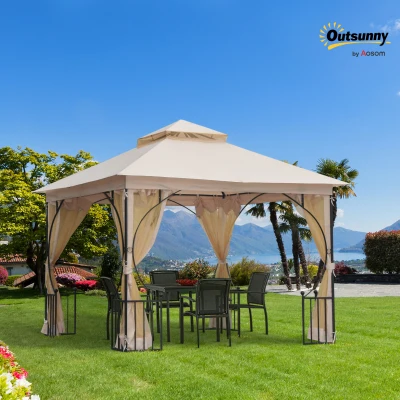 Outsunny 3 x 3 Meters Gazebo Outdoor Patio Party Tent Shelter Garden Canopy Double Tier Sun Shade Steel Frame Beige